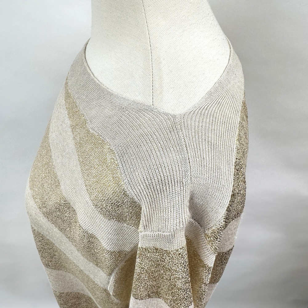 Chico's Linen Blend Gold Stripe Sweater Size 1 Medium Gold Oatmeal Boat Neck Top - Picture 6 of 11